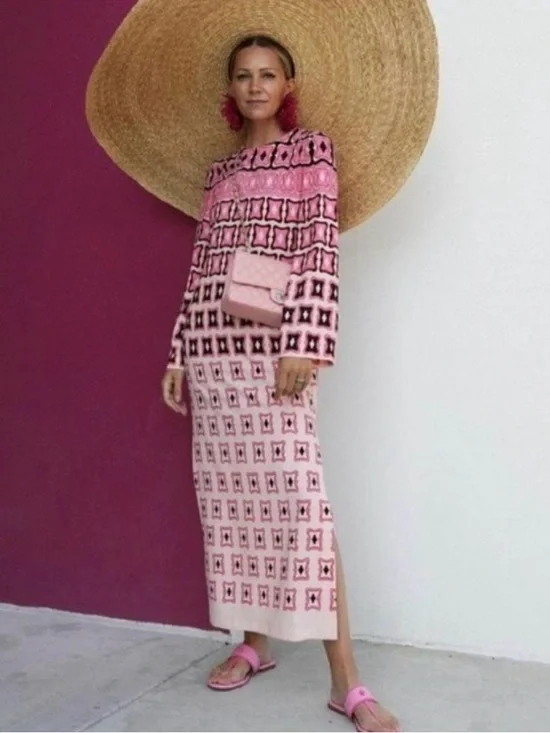 Zara Pink Geometric Midi Maxi Dress Size S - Picture 2 of 9